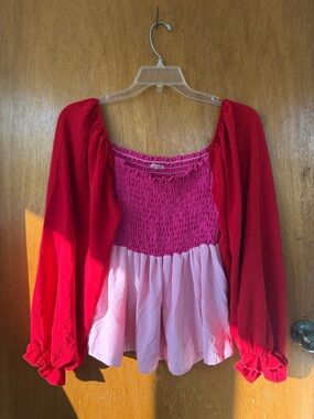 BiBi Red and Pink Smocked Peasant Blouse